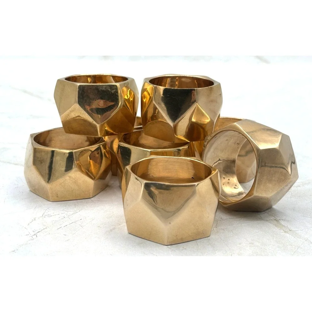 Set of 8 Solid‎ Brass Faceted Napkin Rings Modern Geometric Brutalist Style EUC